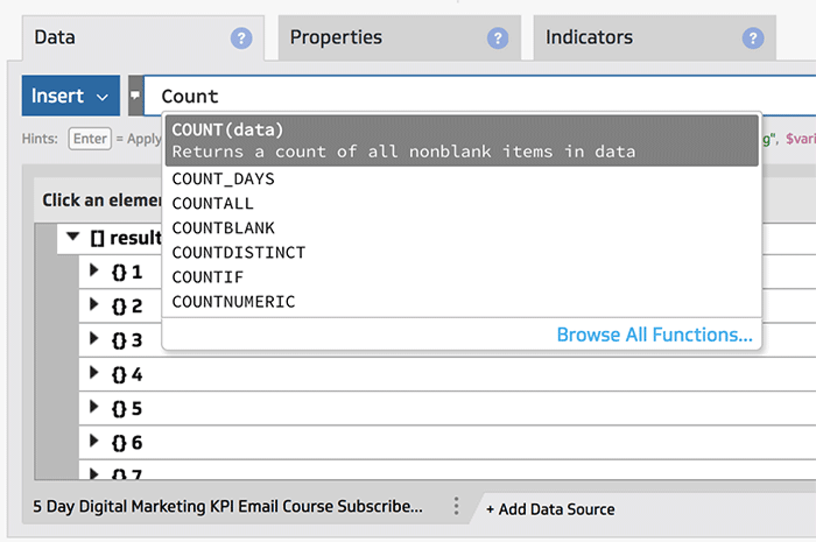 Klipfolio Formula Bar Count Function